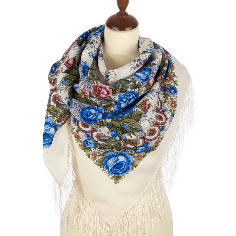 Pavlovo Posad Russian Shawl 100% Wool Scarf 125x125 cm Wrap Silk Fringe 555-4 - Scarves - Wool White