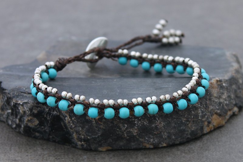 Woven Bracelets Beaded Macrame Stone Silver Turquoise Boho - Bracelets - Stone Green