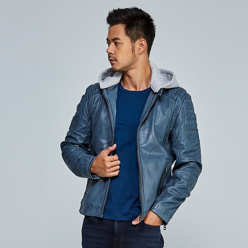 [Germany GIPSY] Rylo Urban Stand Collar Leather Jacket with Hood T-Blue Gray - เสื้อโค้ทผู้ชาย - หนังแท้ สีน้ำเงิน