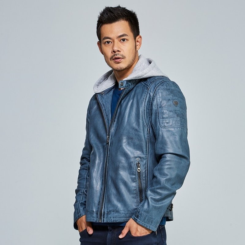 [Germany GIPSY] Rylo urban stand collar leather jacket with hooded T - Men's Coats & Jackets - Genuine Leather Blue