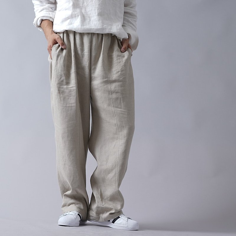 wafu --Ama 褲子 Midweight Linen Baggy Pants Unisex / Flax Beige b011b-amn2 - กางเกง - ลินิน ขาว