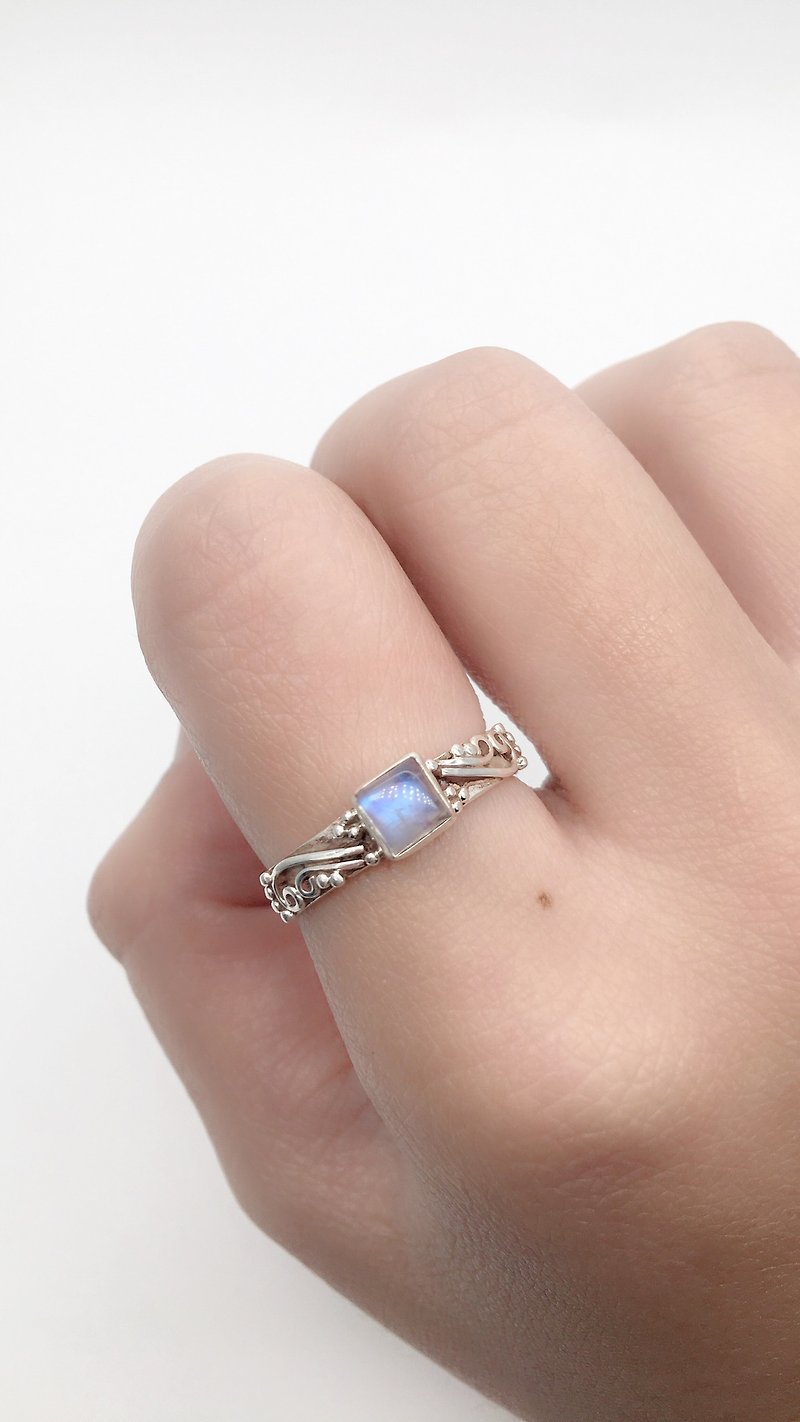 Moonstone 925 sterling silver side silver carved exotic design ring Nepal handmade mosaic style 3 - General Rings - Gemstone Blue