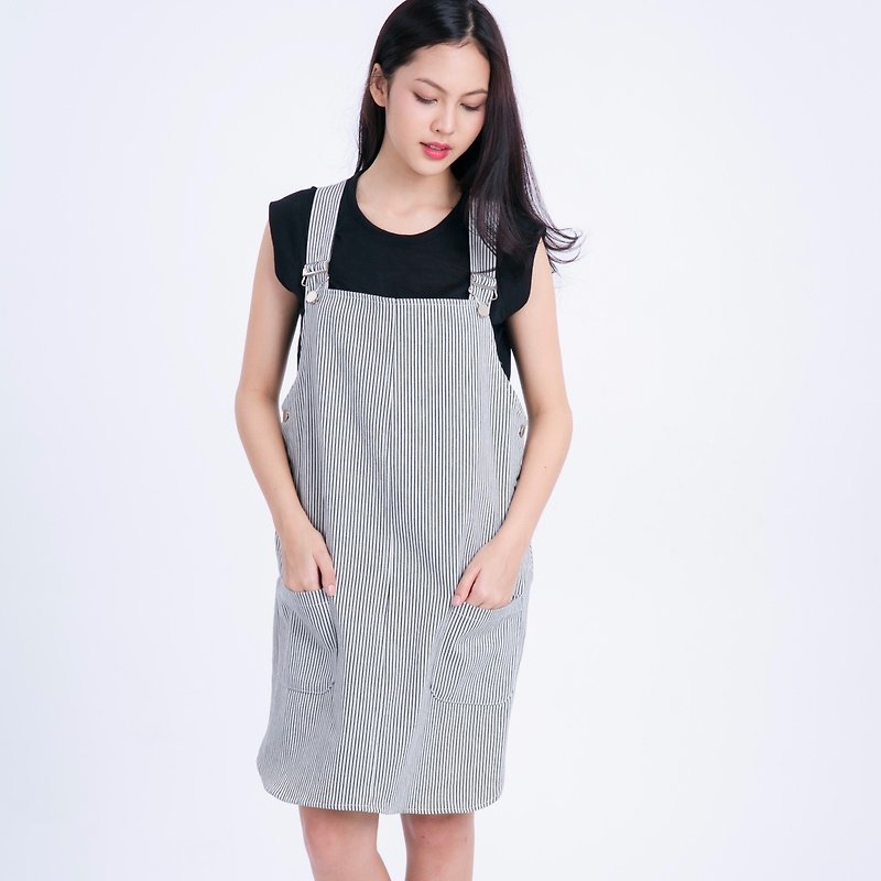 Overall Skirt Stripe Black and White - 吊帶褲/連身褲 - 其他材質 白色