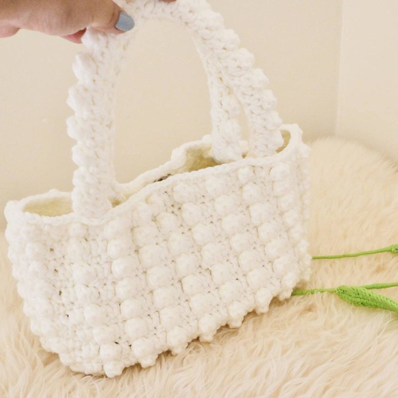 Crochet handbag popcorn - กระเป๋าแมสเซนเจอร์ - ผ้าฝ้าย/ผ้าลินิน ขาว