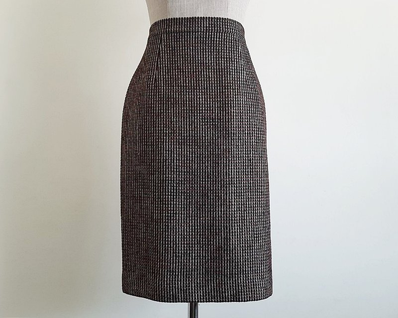 26 Waist Vintage AQUASCUTUM Black Brown Wool Skirt Womens Knee Length Skirt S - 裙子/長裙 - 其他材質 咖啡色