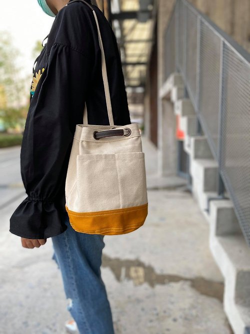 Mini Off-white/mustard Canvas Bucket Bag with strap /Leather Handles /Daily  use