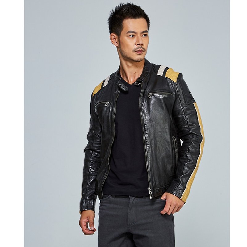 [Germany GIPSY] GMNenzo SF Contrast color leather jacket | black/yellow/beige - เสื้อโค้ทผู้ชาย - หนังแท้ สีดำ