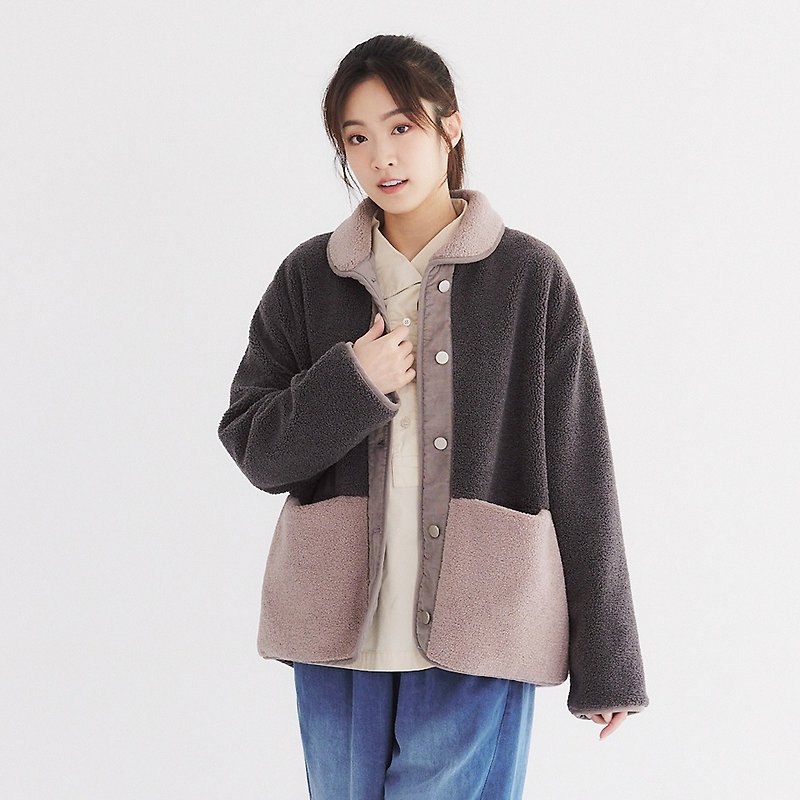 【Simply Yours】Lamb wool loose patchwork jacket purple F - Women's Casual & Functional Jackets - Other Materials Purple