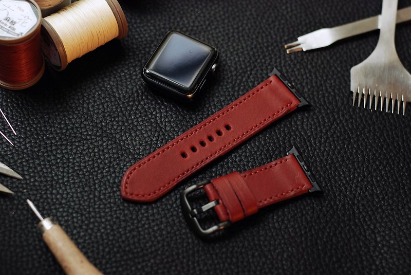 【プロモーション】Applewatchレザー手縫いストラップ-ワインレッド - 腕時計ベルト - 革 レッド
