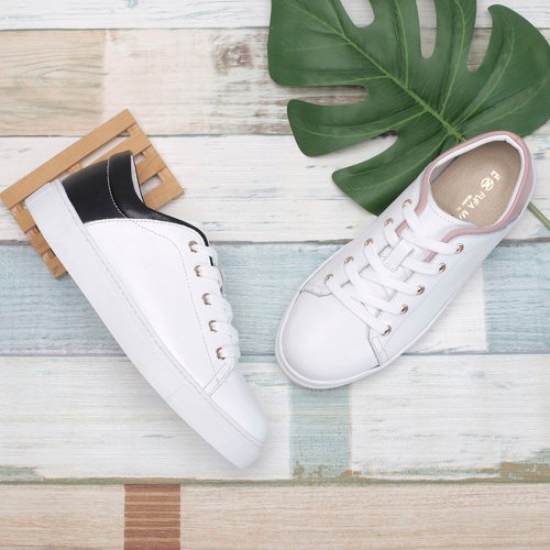 富發牌古著鞋 FUFASHOES 真皮綁帶拼接色休閒鞋-白黑/白粉 1DH005
