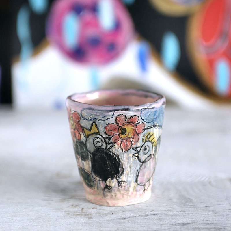 手捻りカップ・花と歌う鳥 - グラス・コップ - 陶器 多色