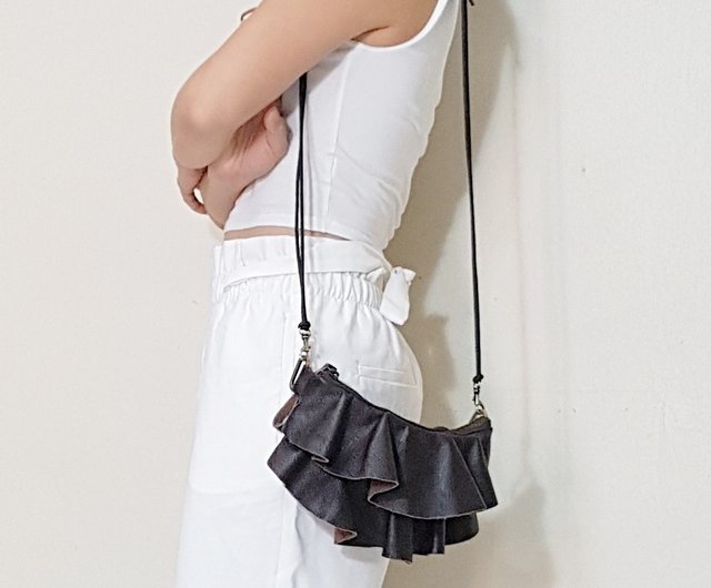 bag, pink bag, leather bag, crossbody bag, mini skirt, ruffle