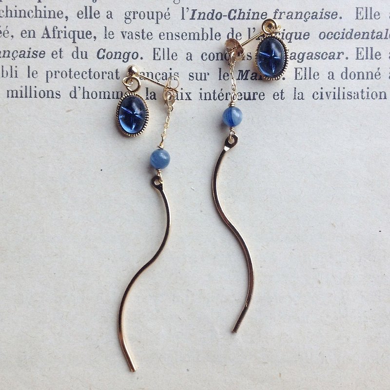14kgf Vintage Swarovski and Kaya Night Back Catch Earrings OR Pain-resistant Ear Clip - Earrings & Clip-ons - Gemstone Blue