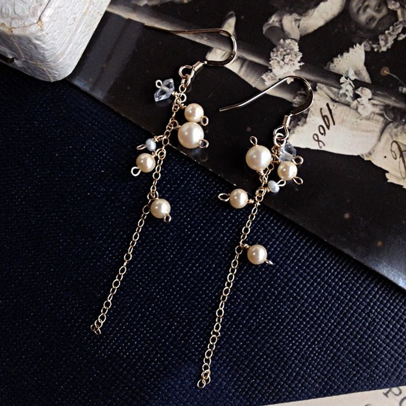 14kgfNY production Herkimer Diamond + Vintage Pearl Chain Earrings OR earrings [ii-467] - ต่างหู - เครื่องเพชรพลอย ขาว