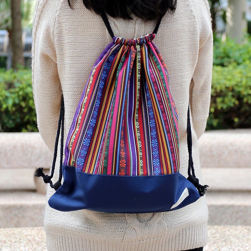 Silverbreeze~Bundle Back Backpack~ National Strip (B62) - Drawstring Bags - Cotton & Hemp Multicolor