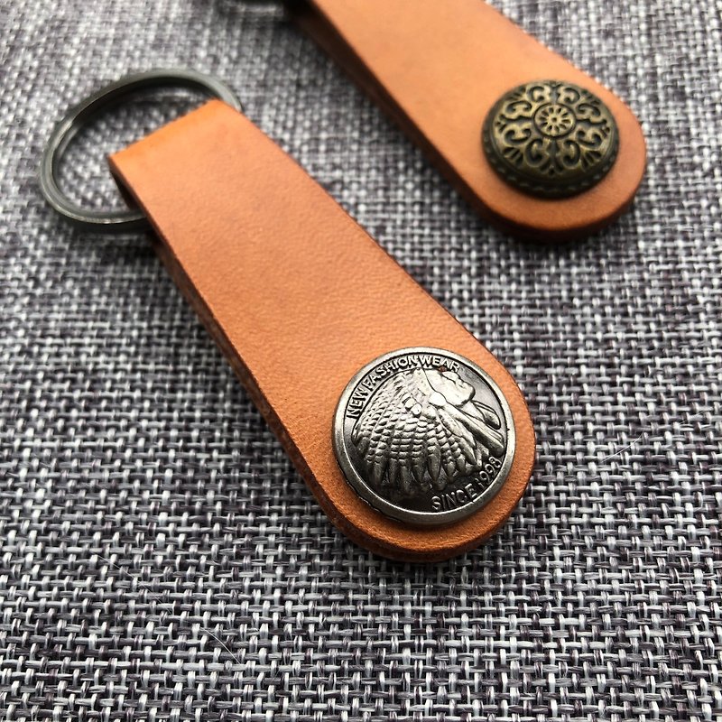 真皮鑰匙圈-個性鈕扣款 - 鑰匙圈/鑰匙包 - 真皮 橘色