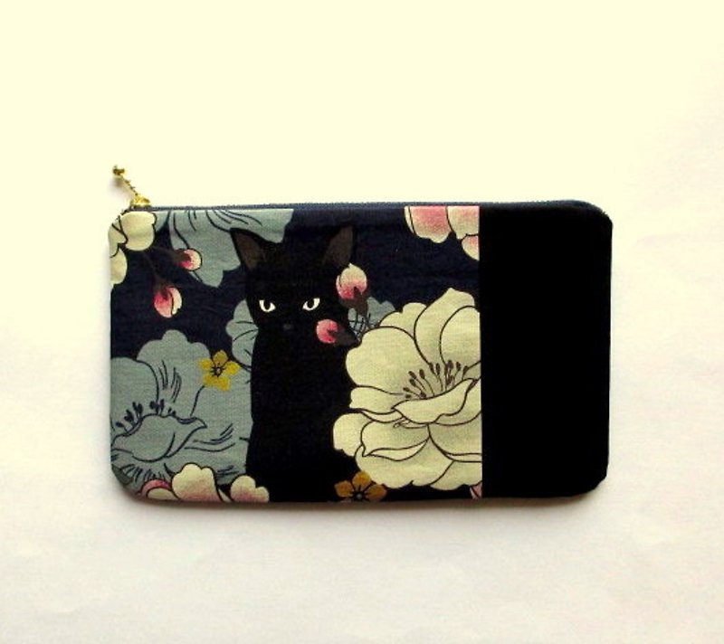 Black cat pouch E - กระเป๋าเครื่องสำอาง - ผ้าฝ้าย/ผ้าลินิน สีน้ำเงิน