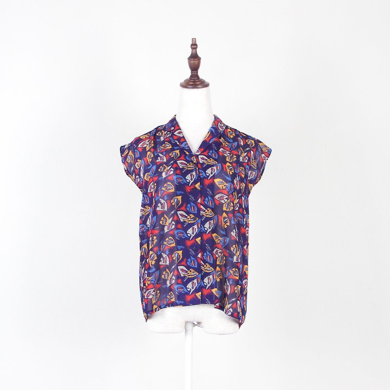 [Egg Plant Vintage] Leaf Rain Printed Half Sleeve Vintage Shirt - Women's Shirts - Polyester Multicolor