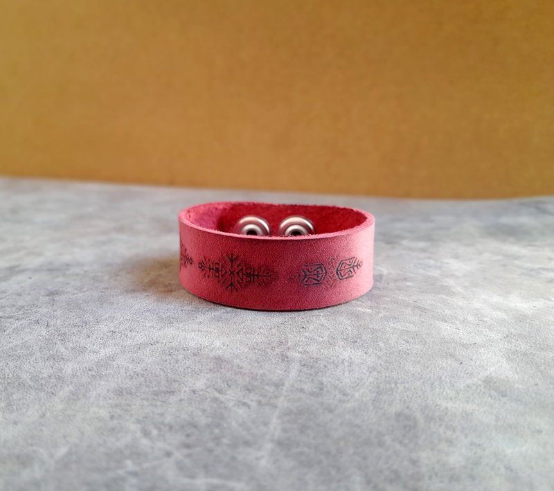 Unisex Ethnic Red Leather Bracelet, Laser Engraved - Bracelets - Genuine Leather Red