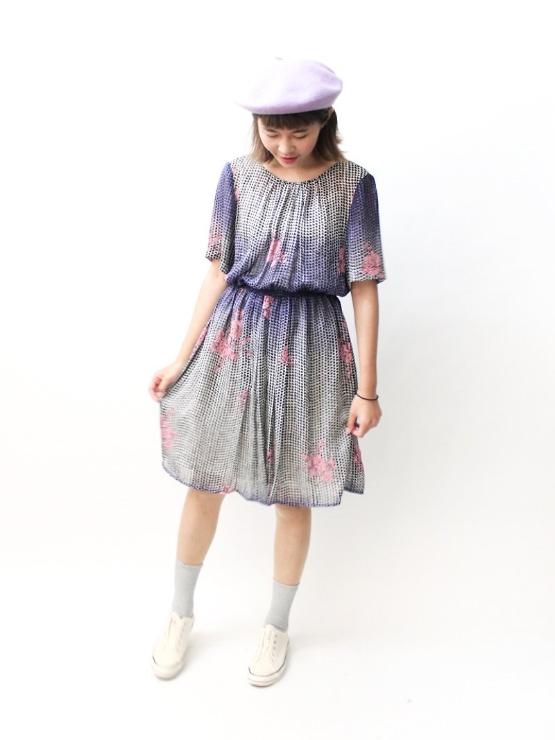 【RE0503D1129】 retro geometric flowers printed short-sleeved spring and summer ancient dress - One Piece Dresses - Polyester Purple