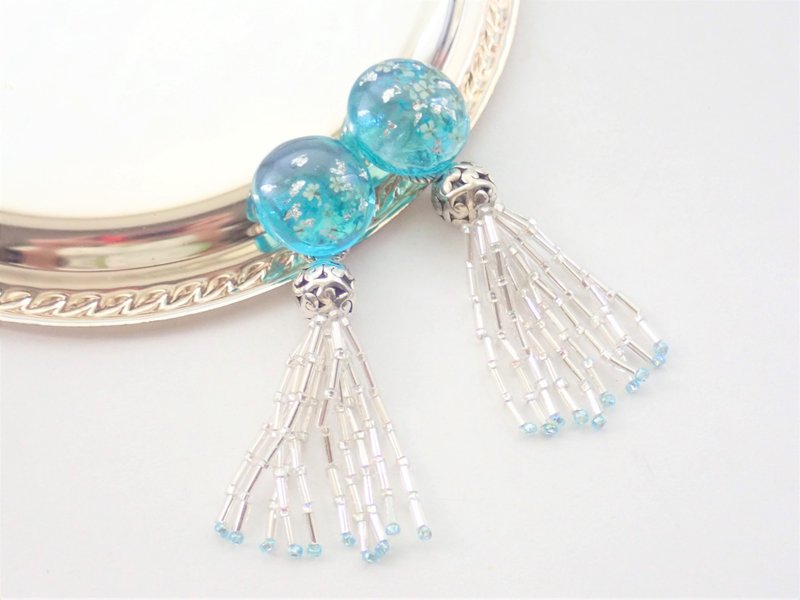 Ocean Blue Glass x Flower lover Beads Dassel 2WAY Earrings - 耳環/耳夾/耳骨夾 - 玻璃 藍色