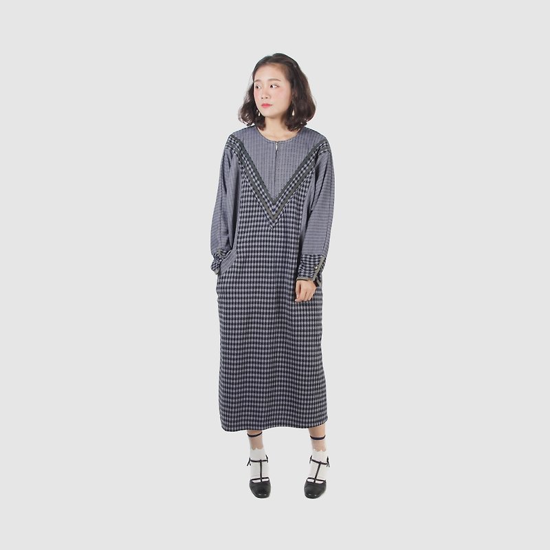 [Egg plant ancient] sleepwalking plaid loose knit vintage dress - One Piece Dresses - Polyester Gray