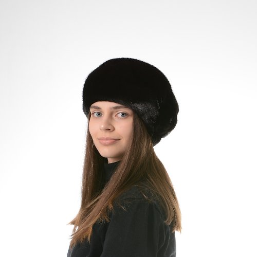 FurStyleUA Women winter fur mink beret hat warm style 100% real luxury fur mink black