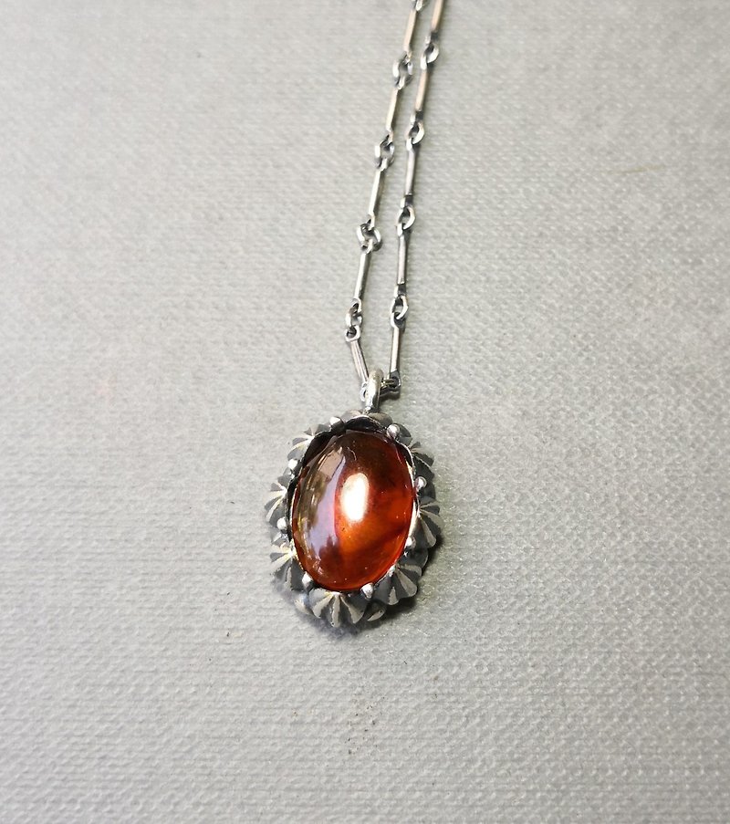 Delia flower vintage silver pendant chain - orange red amber - สร้อยคอ - เงินแท้ สีแดง