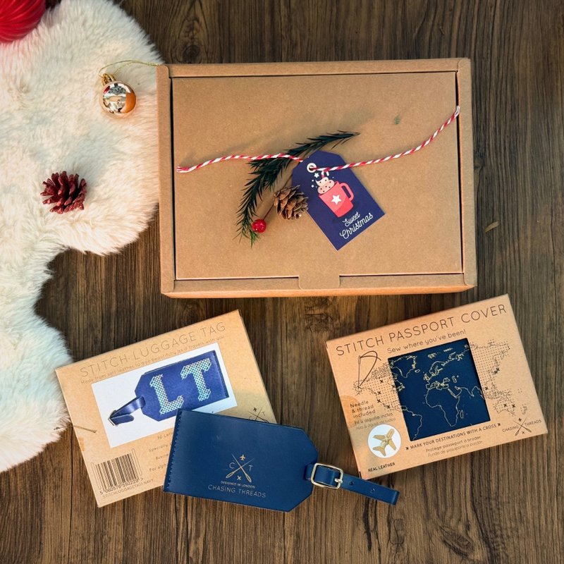 [Traveling in style alone] Genuine leather passport cover + luggage tag Christmas gift box set - ป้ายสัมภาระ - หนังแท้ สีนำ้ตาล