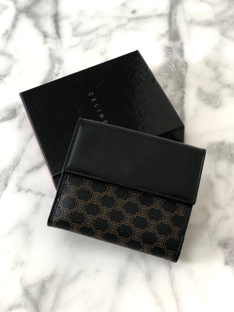 【 日本直送　名牌中古包 】CELINE セリーヌ マカダム レザー 二つ折り財布 ミニ 財布 ブラック vintage ヴィンテージ オールド tubzev - 錢包/皮夾/長短夾 - 真皮 黑色