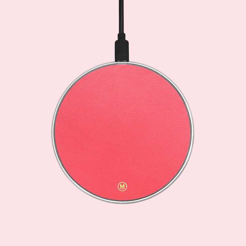 客製化禮物真皮革粉紅桃紅色馬卡龍無線充電盤充電線 - 無線充電盤/板/座 - 真皮 粉紅色
