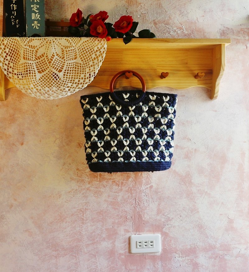 【Customized】Handmade hand-woven Linen woven bag/handbag/imitation wood grain handbag - Handbags & Totes - Cotton & Hemp Blue