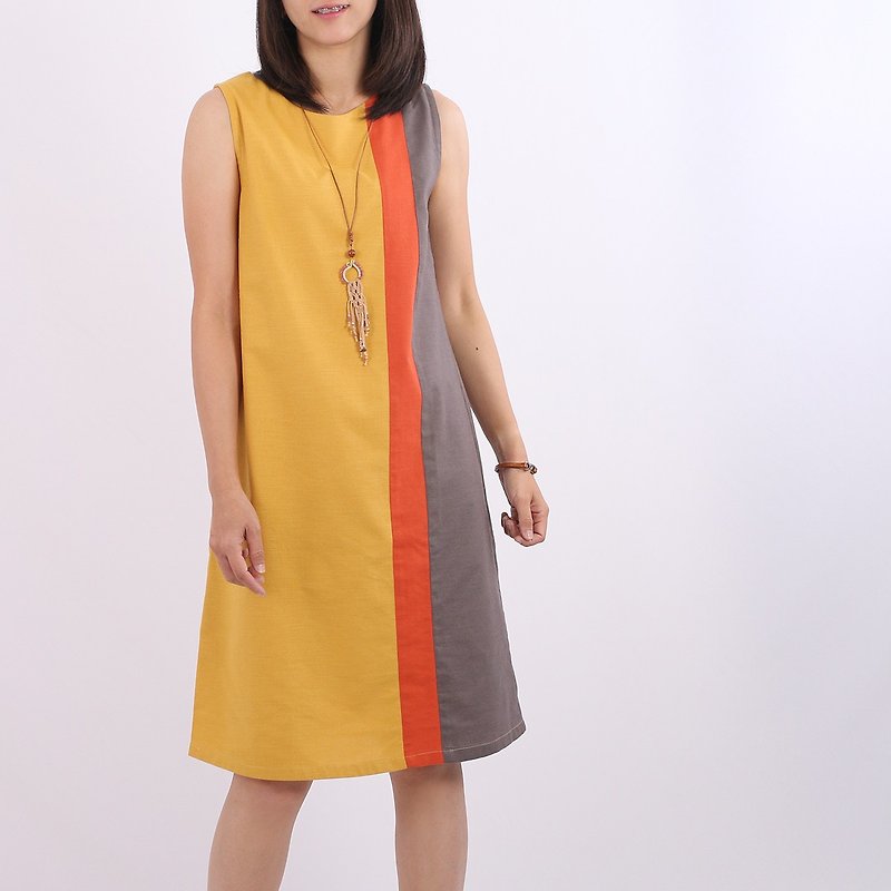 Cotton Linen Dress, Sleeveless A-Line/ Yellow - One Piece Dresses - Cotton & Hemp Yellow