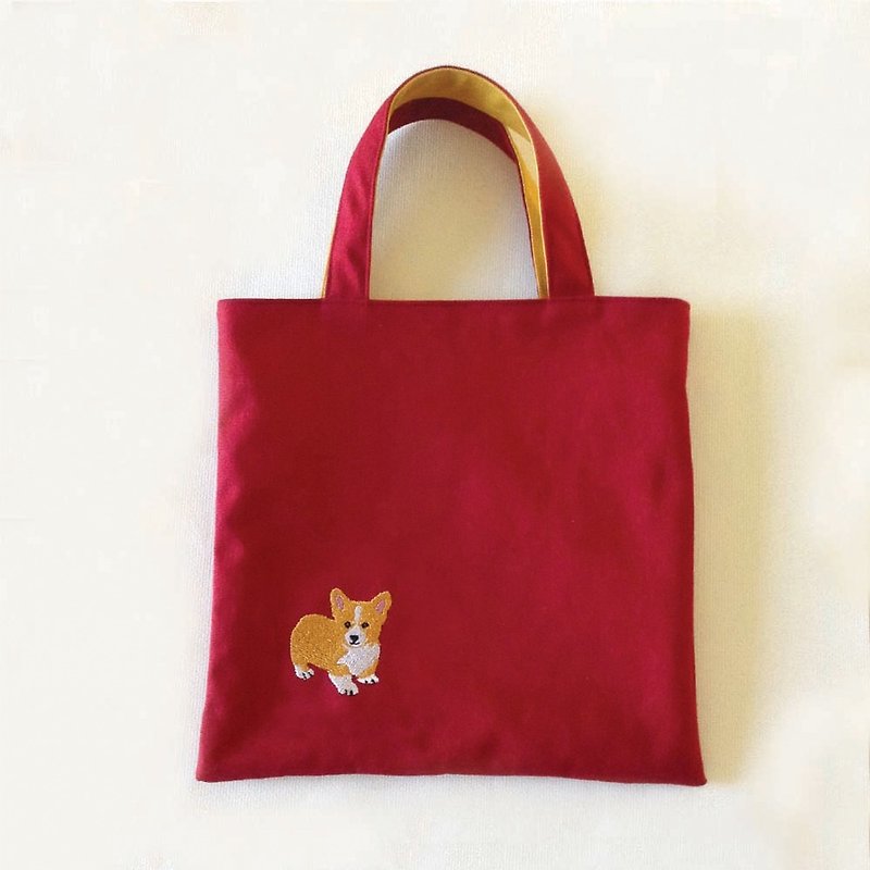 Small Keji-Tote Double Mini- Corgi/canvas tote bag/embroidery/toy bag - Handbags & Totes - Cotton & Hemp Red