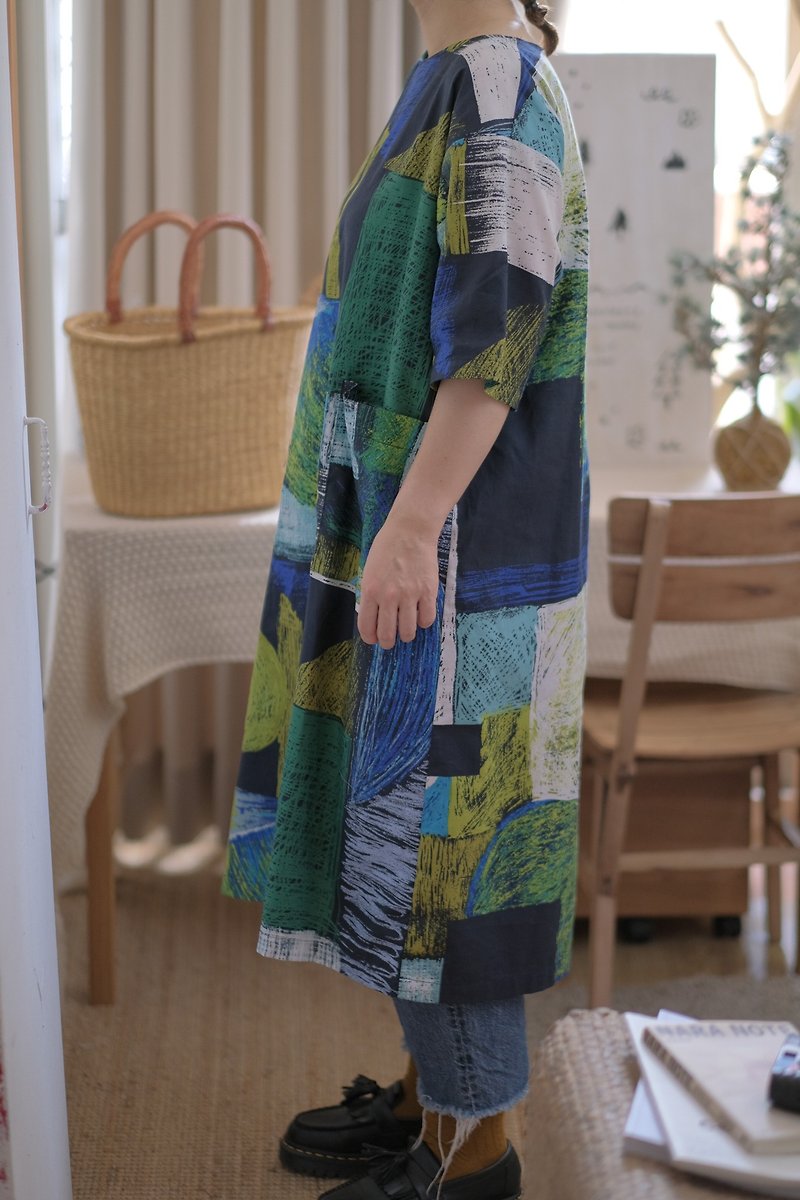 Chitose green and blue strokes painting long dress - One Piece Dresses - Cotton & Hemp Green