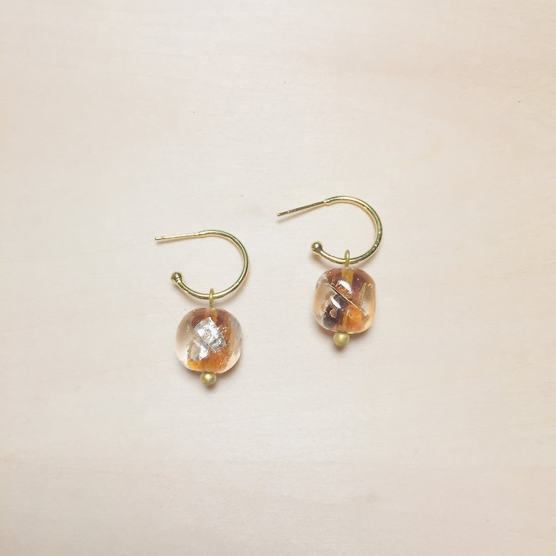 Vintage amber rounded square gold and silver foil glazed earrings - ต่างหู - กระจกลาย สีนำ้ตาล
