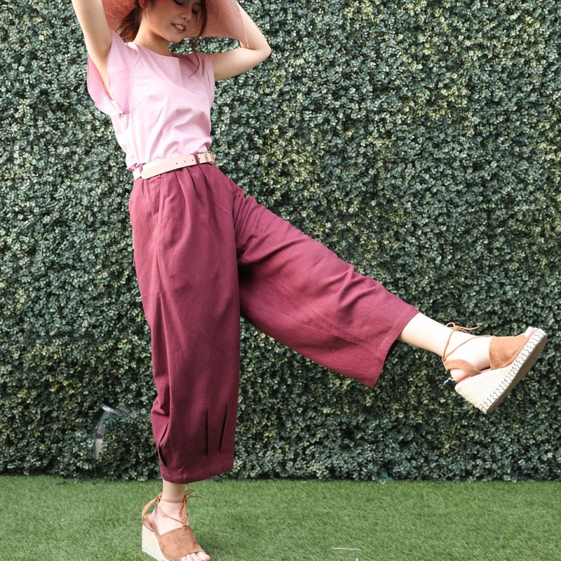 Natural Linen Pants with stitching details at the leg - Maroon/Dark Red - 女長褲 - 亞麻 紅色