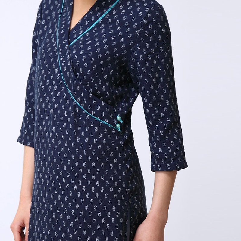 BUFU vintage print Chinese-dress shirt   D151211 - กี่เพ้า - ผ้าฝ้าย/ผ้าลินิน สีน้ำเงิน