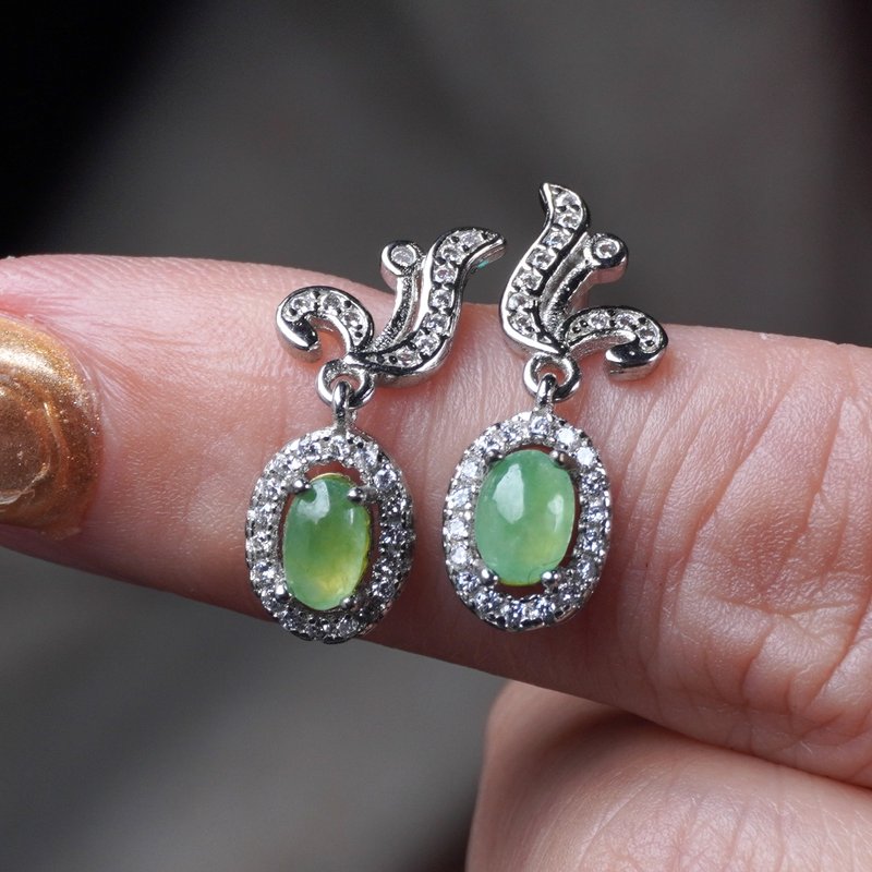Ice green jade cabochon earrings inlaid with 925 sterling silver | Natural Burmese jade A grade jade | Gift giving - Earrings & Clip-ons - Jade Green