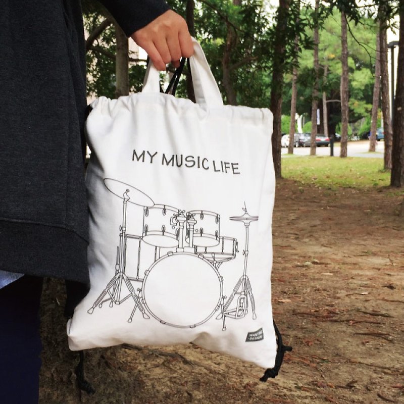 WD Musical Instrument Cotton Backpack-Drums in stock + pre-order - กระเป๋าหูรูด - ผ้าฝ้าย/ผ้าลินิน ขาว