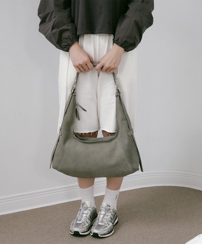 Supportingrole Minimalist Half-Moon Silhouette Genuine Leather Tote Bag for Handheld, Shoulder, and Crossbody Wear - Sophisticated Grey-Green - Messenger Bags & Sling Bags - Genuine Leather 