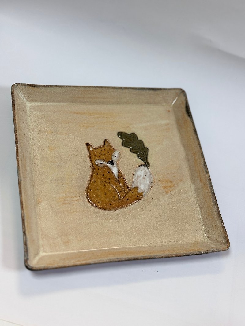 Wooden white fox square ceramic plate 2 - Plates & Trays - Pottery 