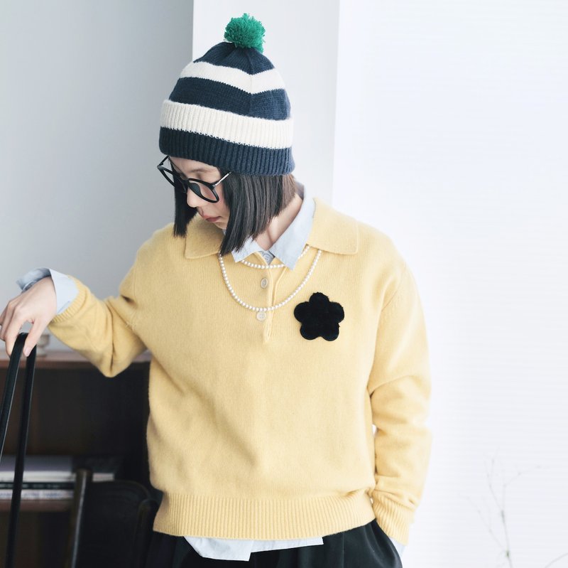 Yellow Alpaca Knitted Polo Shirt/Sweater - สเวตเตอร์ผู้หญิง - ขนแกะ สีเหลือง