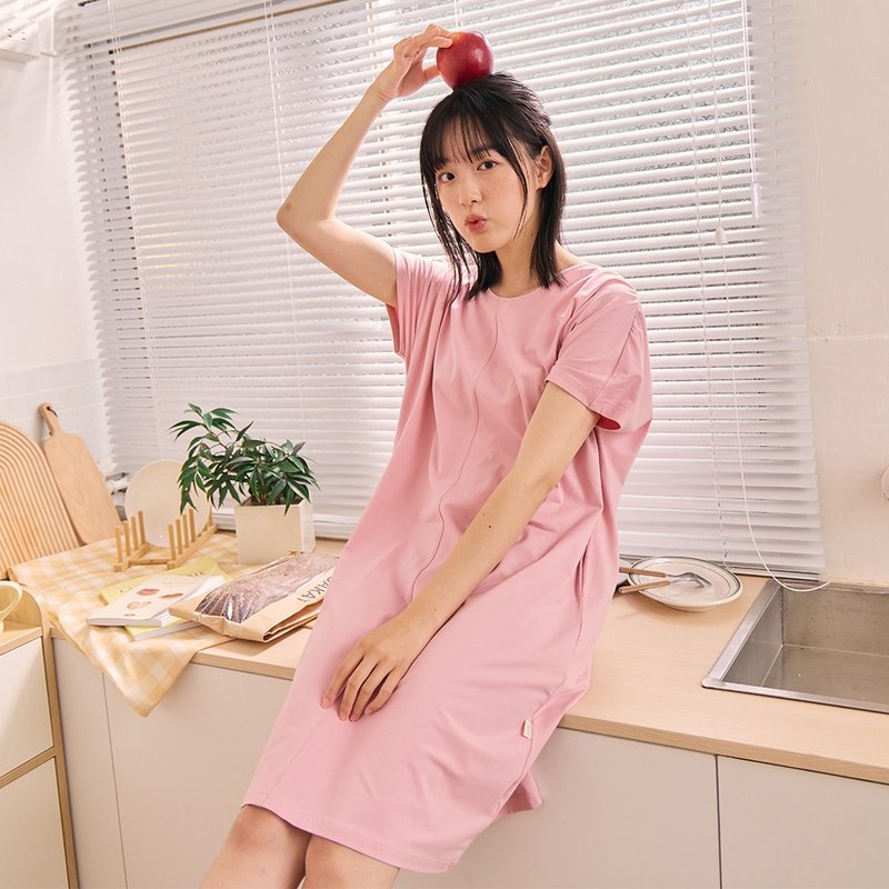 莫戴爾肩抽皺設計柔軟舒適洋裝-共3色 - 居家服/睡衣 - 棉．麻 多色