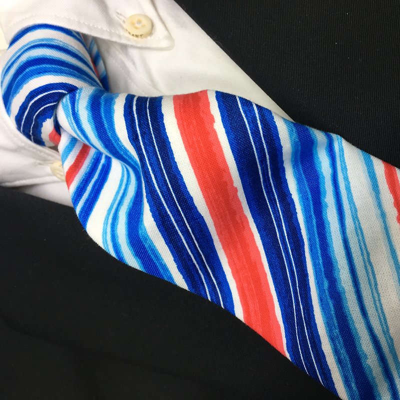 Watercolor painting regimental tie blue&red necktie - 領呔/呔夾 - 棉．麻 藍色
