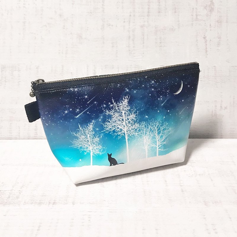 Pouch Winter starry sky Cat / Cosmetic pouch / galaxy / Starry sky / snow - Toiletry Bags & Pouches - Faux Leather Blue