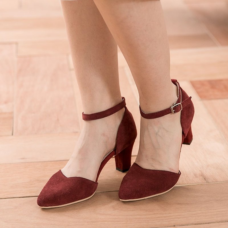 Maffeo high heels pointed shoes deep V tip around the ankle straps US imports suede high heels silence skin (832 passion red) - High Heels - Genuine Leather Red