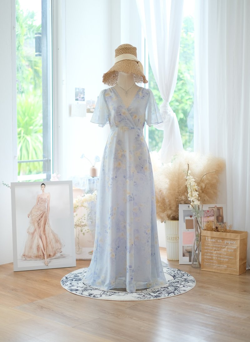 Blue Floral maxi bridesmaid dress Spring Summer Maxi dress Wedding Party dress - 禮服/小禮服 - 聚酯纖維 藍色