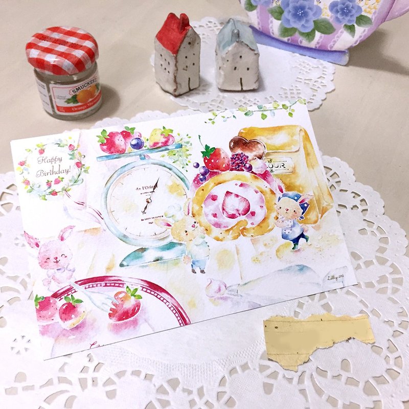 水彩生日卡【小兔の甜點工房】 - 卡片/明信片 - 紙 粉紅色