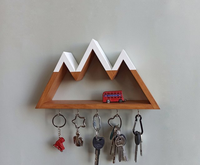 木製壁掛けキーホルダー 棚付 山（天板白） - ショップ